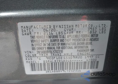2020 Nissan Sentra S Xtronic Cvt from USA, damaged, VIN 3N1AB8BV9LY252316